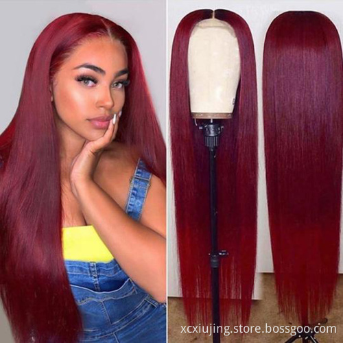 New 4*4 Closure  99J Burgundy Lace Front Wig  Brazilian Straight Lace Frontal Human Hair Wigs Pre Plucked